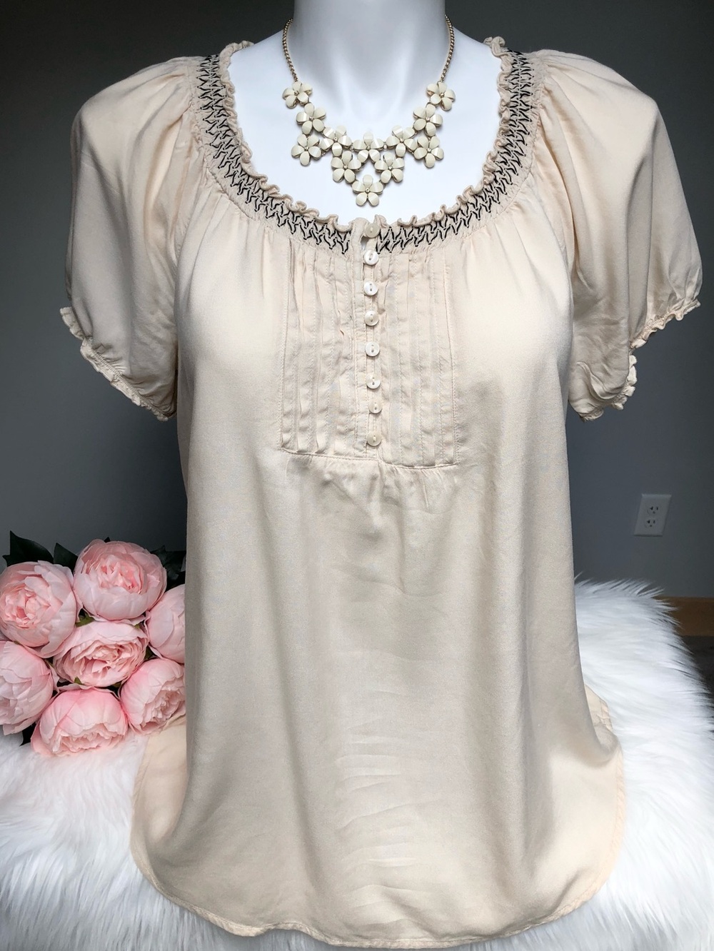 NEW Faded Glory Embroidered Pleated Peasant Top Puff Sleeve Size XL